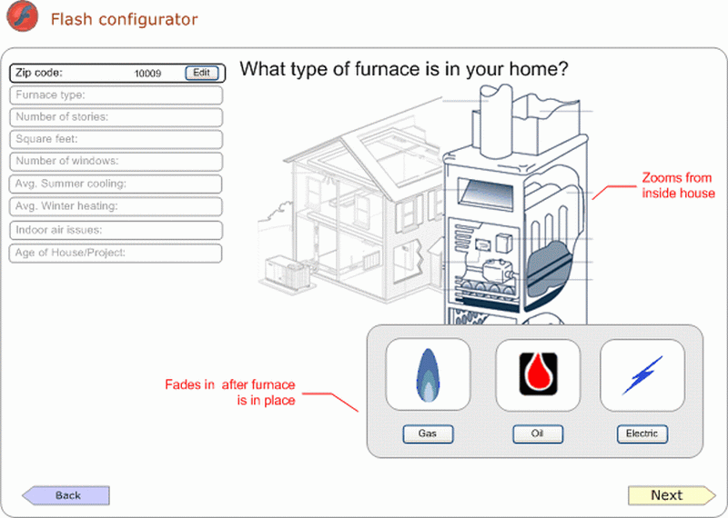 first panel of a configurator for deciding on what type of heating system to install. Features a left nav and a main panel with a choice of gas, oil or electric for the type of furnace currently in use