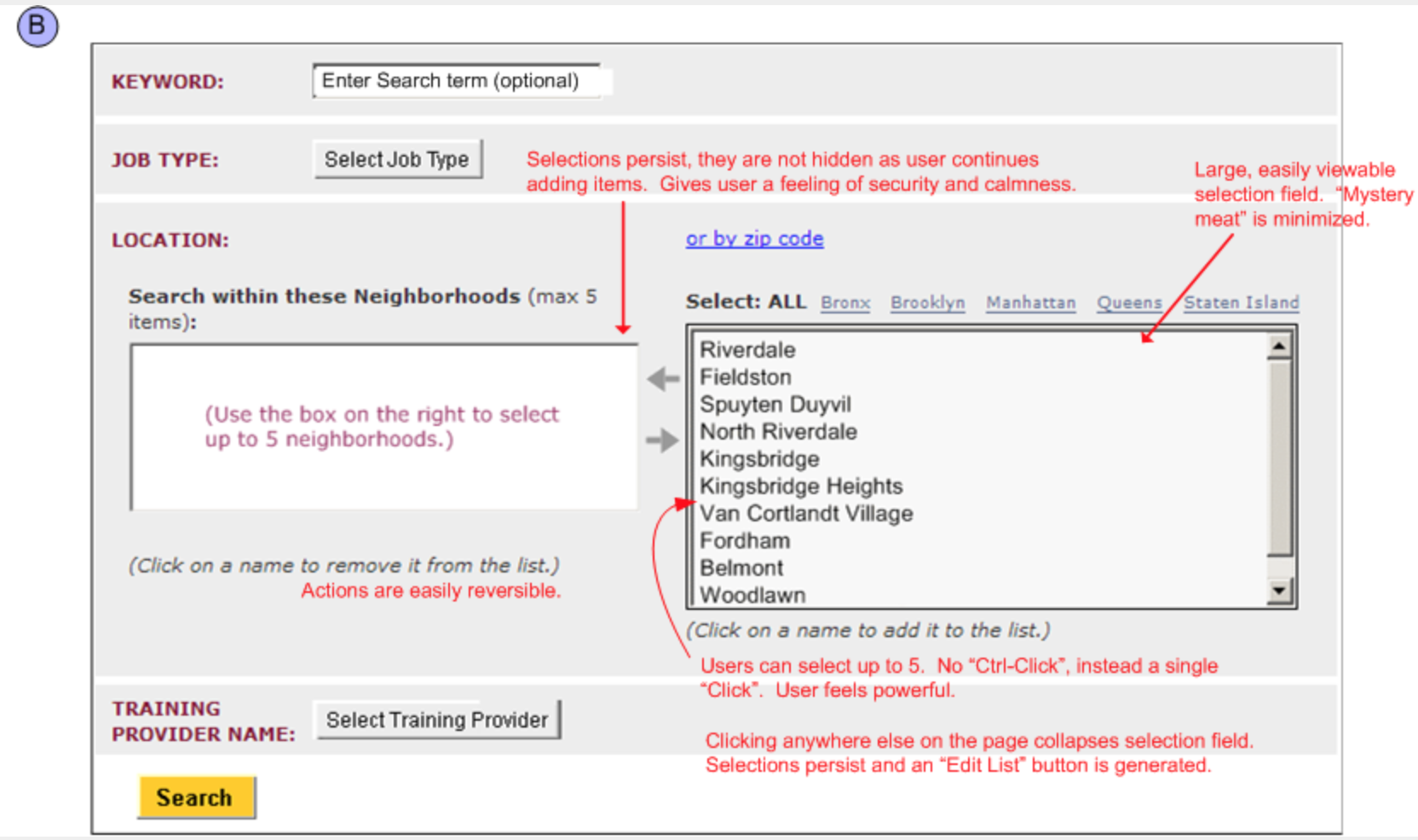 close up of full redesigned school selector form with comments
