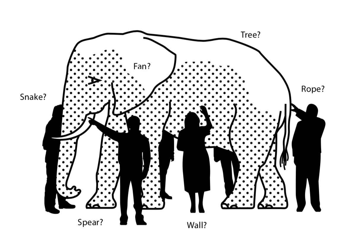 Cartoon image of multiple presumably blind people touching an elephant, with each saying what they think it is based on touch. E.g. the person at the tail thinks it's a rope. The person at the side thinks it's a wall.