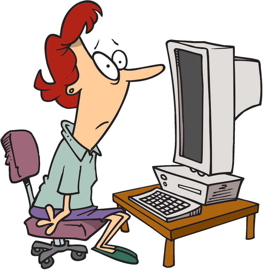cartoon image of exasperated woman in front of a computer