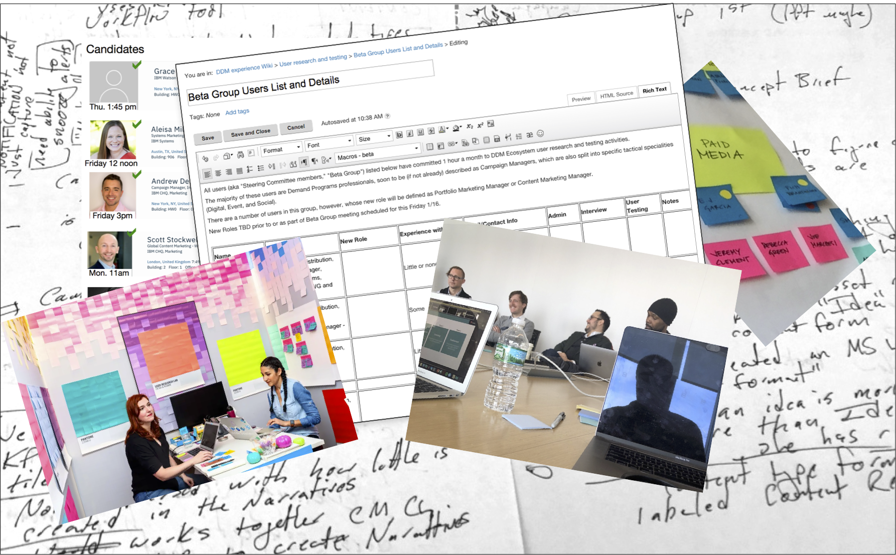 collage of user-testing-related photos, notes, forms, and schedules