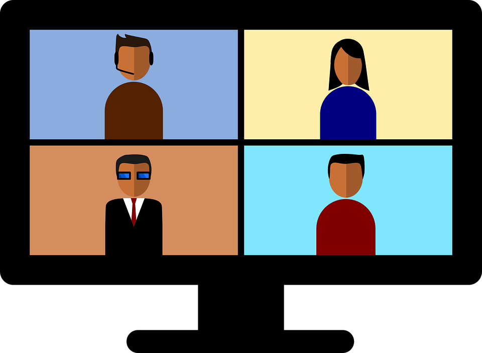 cartoon images of a video conference computer screen. It's split into 4 quadrants with a stylized image of a person in each.