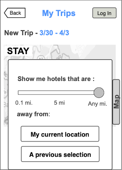AC Getaway Planner mobile wireframe screen of the top part of hotel search results, showing a slider filter enabling the user to select a distance from 0.1 miles to 